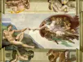 Bóg tchnie życie w Adama, ukazując moment, w którym dniu bóg stworzył człowieka. Boska dłoń zbliża się do ludzkiej.