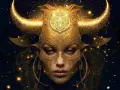 Złota maska z rogami byka, symbolizująca znak zodiaku Byk, otoczona migoczącymi gwiazdami.