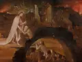 Scena przedstawia wizję piekła, gdzie potępione dusze cierpią w ogniu i mroku. Postać Chrystusa wyciąga rękę do cierpiącego człowieka, sugerując nadzieję, gdy wymyślono piekło.