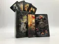 Rycerz monet z talii Prometheu Tarot, obok pudełka i innych kart.