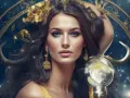 Kobieta z niebieskimi oczami i złotymi ozdobami, otoczona gwiazdami i symbolami zodiaku. To 23.09 znak zodiaku, czyli Panna.