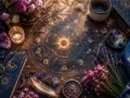 Magiczny krąg zodiaku, świeca, kryształy i kwiaty. Idealne do wróżby tarot tygodniowy rak.