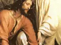 Jezus klęczy w Ogrodzie Oliwnym, pogrążony w modlitwie. Obok niego anioł podtrzymuje go.