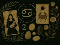Znak rak od kiedy? Tajemnicza grafika z kartą Tarota, symbolem Raka i różami.