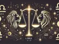 Zodiakalny lew i waga tworzą harmonijną całość. Symbolika gwiazd i planet podkreśla ich związek.