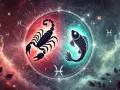 Skorpion i ryby w kosmicznym wirze. Symbolika znaków zodiaku na tle mgławic.