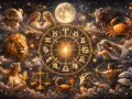 Znak zodiaku Waga od 23 września do 22 października. Gwiazdy i symbole zodiaku na nocnym niebie.