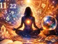 Kobieta w pozie medytacyjnej, otoczona kosmiczną energią, kryształami i tarota. W tle liczby i znaki zodiaku, symbolizujące rok numerologiczny 2.