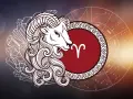 Baran jaki żywioł – symbol zodiaku z ozdobną grzywą i rogami, otoczony kryształami i kołem zodiaku.