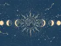 Cykl faz księżyca i słońce na tle nocnego nieba z gwiazdami i konstelacjami. Symbolizuje nowy rok astrologiczny i kosmiczne przemiany.