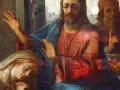 Jezus błogosławi Marię Magdalenę, która klęczy u jego stóp. W tle widać innych mężczyzn.