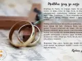 Dwie obrączki ślubne na tle krzyża i tekstu modlitwy. Modlitwa żony za męża o miłość, wierność i szczęście.