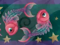 Dwie różowe ryby, symbol zodiaku Ryby, tworzą idealny partner dla ryby. Gwiazdy i symbol Ryb dopełniają kosmiczną scenę.