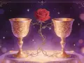 Dwa złote kielichy, połączone pnączem z czerwoną różą, symbolizują pełnię uczuć i harmonię. To obraz 10 pucharów tarot.