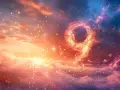 Jasny, świetlisty numer 9 w chmurach, symbolizujący 9 rok numerologiczny.