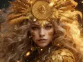 Złota bogini, symbol 22.08 znaku zodiaku, emanuje blaskiem i tajemnicą, otoczona gwiezdnym pyłem.