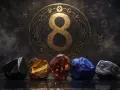 Pięć kamieni szlachetnych przed złotym znakiem nieskończoności i zodiaku. Numerologia 1 i 8.