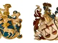 Dwa herby: po lewej baran, po prawej waga. Symbolizują baran i waga związek, harmonię i siłę.