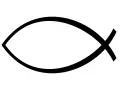 Symbol znaku zodiaku Ryby: dwie zakrzywione linie tworzące kształt ryby, połączone na środku ukośną kreską.
