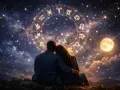 Para zakochanych patrzy na koło zodiaku, gdzie widnieją symbole Raka i Skorpiona. Księżyc i gwiazdy tworzą magiczną atmosferę.