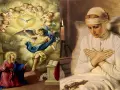 Zwiastowanie Najświętszej Maryi Pannie: Archanioł Gabriel z lilią i gołębicą Ducha Świętego nad klęczącą Maryją. Obok, kobieta w bieli z rękami na piersi, przy świecy.