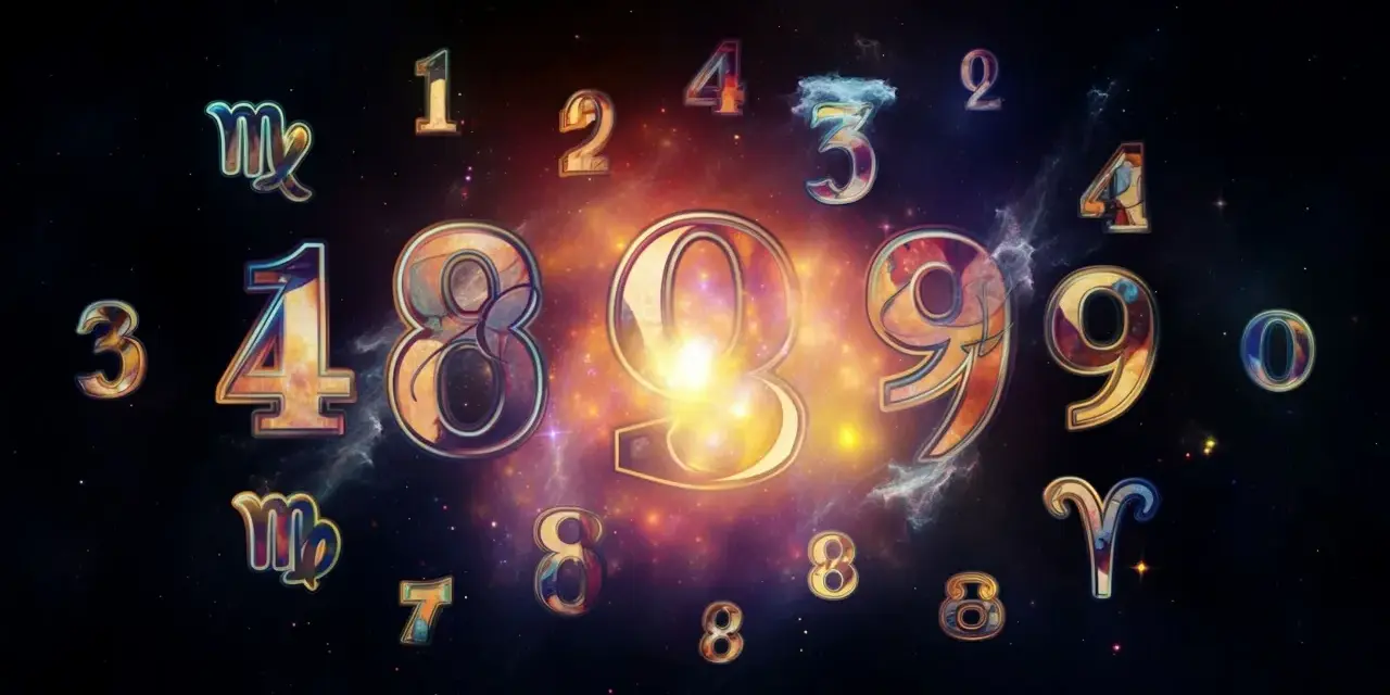 Kosmiczna wizja liczb, gdzie numerologiczna 1 i 11 splatają się z symbolami zodiaku i cyframi.