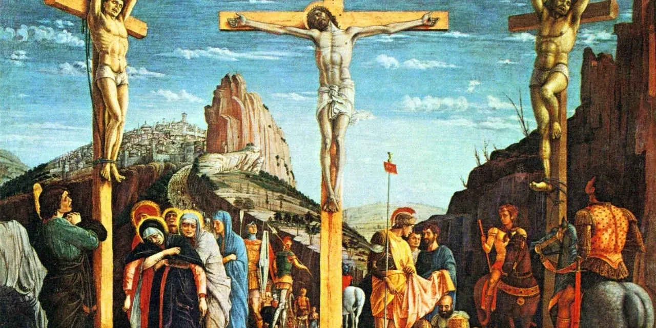 Pan Jezus na krzyżu, po bokach dwaj łotrzy. Scena ukrzyżowania z ludźmi u stóp krzyża i żołnierzami.