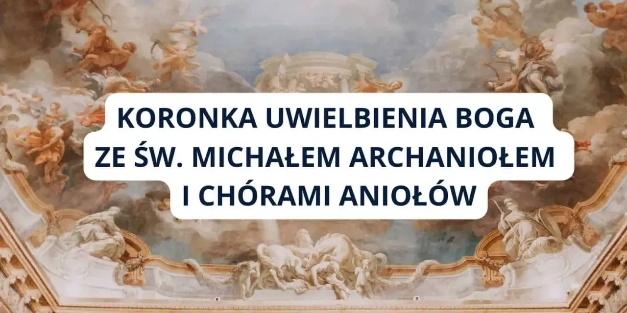 Koronka uwielbienia Boga ze św. Michałem Archaniołem i chórami aniołów. Niebiańska wizja w chmurach.