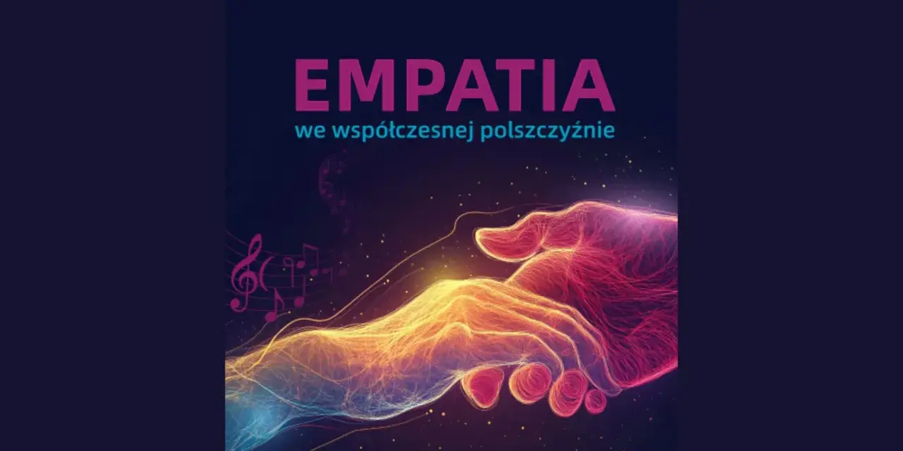 Okładka książki "Empatia we współczesnej polszczyźnie" Marty Falkowskiej. Dwie świetliste dłonie splatają się, symbolizując więź. Numerologiczna 9 kobieta odnajdzie w niej głębokie przesłanie.