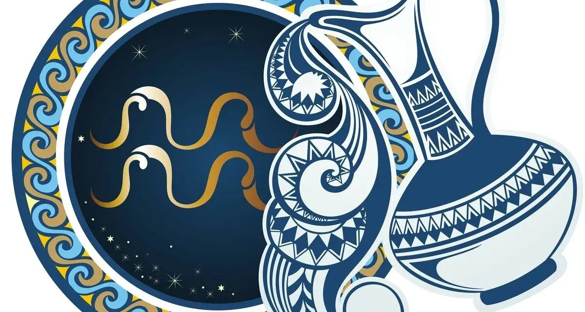 Symbol Wodnika, najbardziej wyjątkowy znak zodiaku, wylewa wodę z ozdobnego dzbanka na tle nocnego nieba.