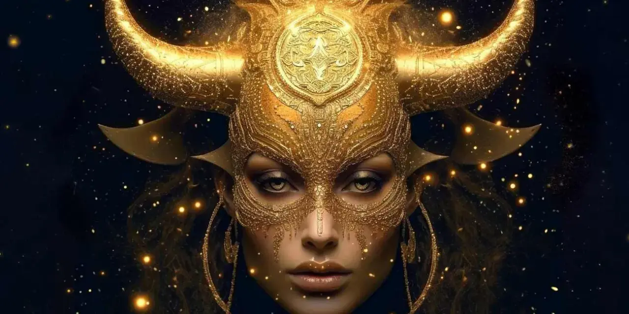 Złota maska z rogami byka, symbolizująca znak zodiaku Byk, otoczona migoczącymi gwiazdami.