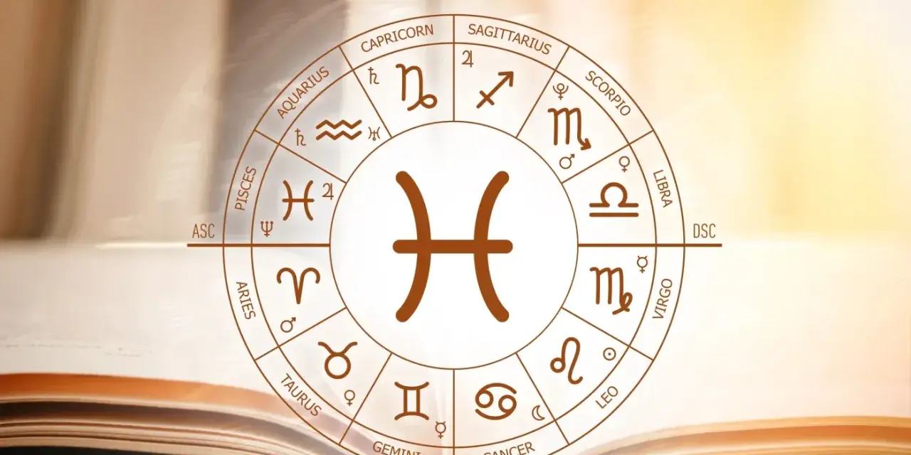 Zodiak z symbolem Ryb w centrum. Obok widnieje znak Bliźniąt, sugerując ich przyjaźń i wspólne poszukiwanie wiedzy.