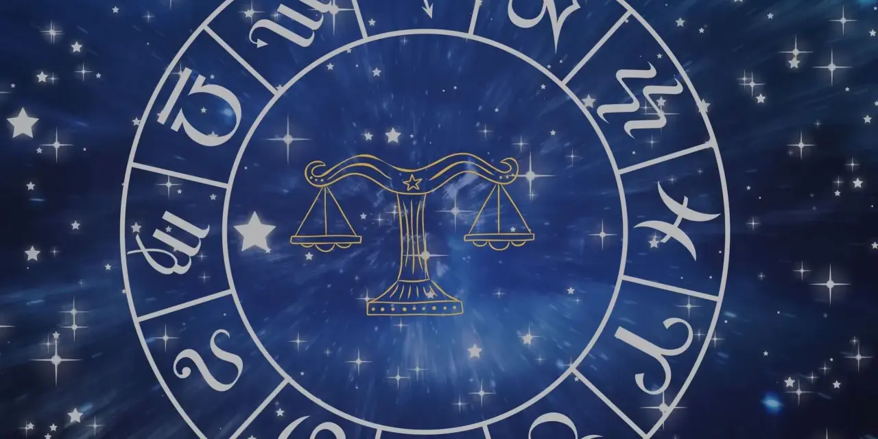 Zodiakalny krąg z symbolem Wagi w centrum. Wokół widoczne inne znaki powietrzne i gwiezdne tło.