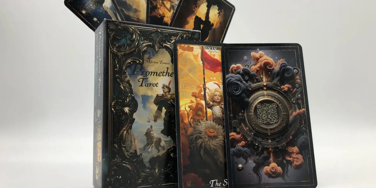 Rycerz monet z talii Prometheu Tarot, obok pudełka i innych kart.
