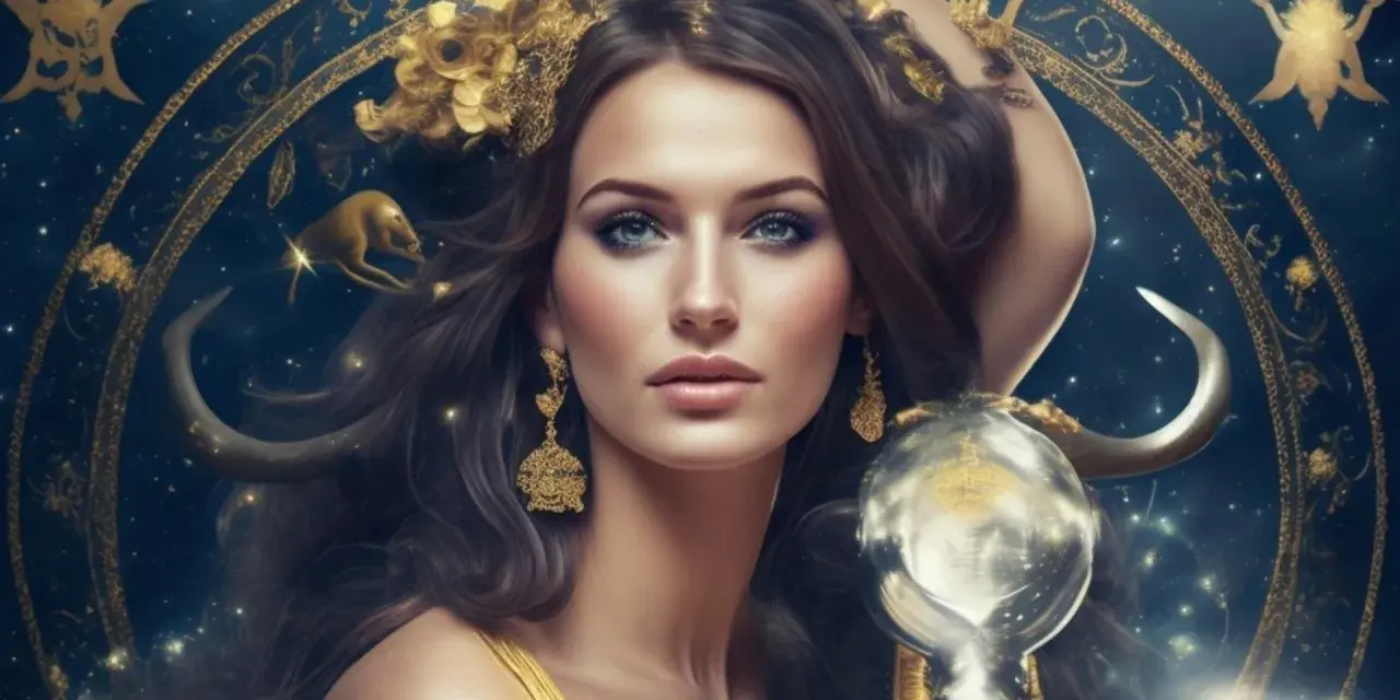 Kobieta z niebieskimi oczami i złotymi ozdobami, otoczona gwiazdami i symbolami zodiaku. To 23.09 znak zodiaku, czyli Panna.