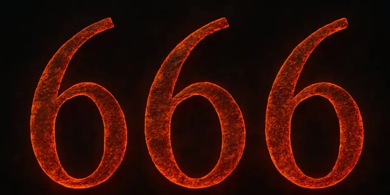 Trzy pomarańczowe, świecące cyfry 666 na czarnym tle. Niektórzy widzą w nich liczby anielskie 666, inni symbol zła.