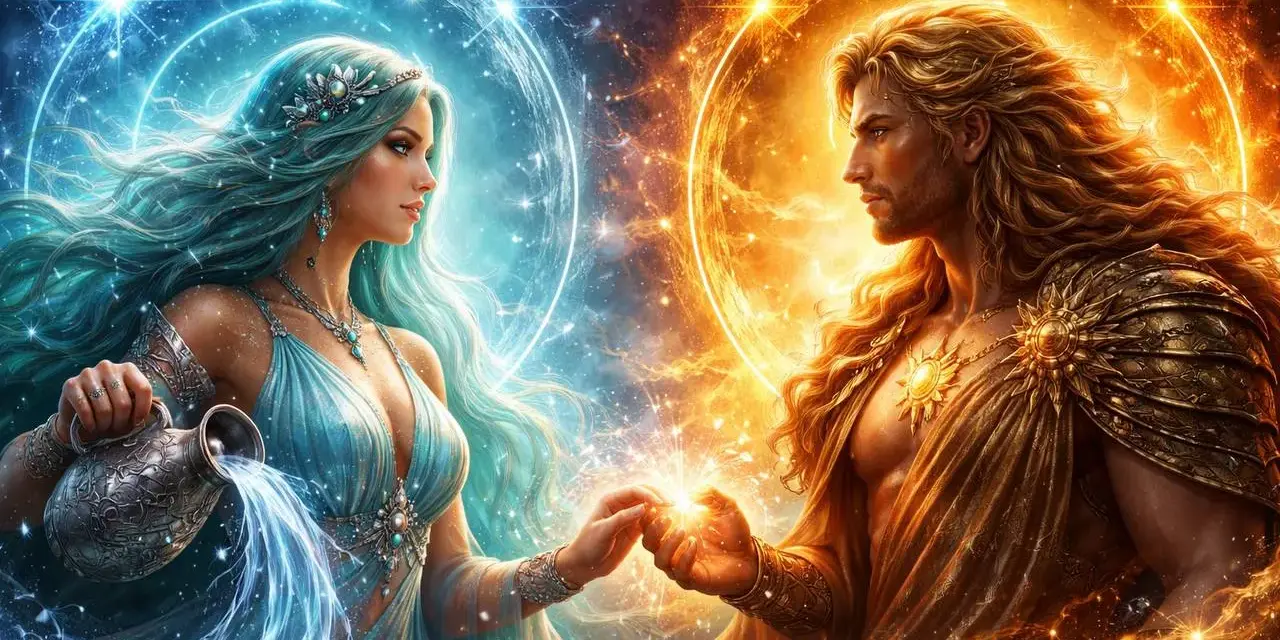Wodnik odnajduje swój idealny partner w postaci ognistego mężczyzny. Ich dłonie łączą się, tworząc iskrę.