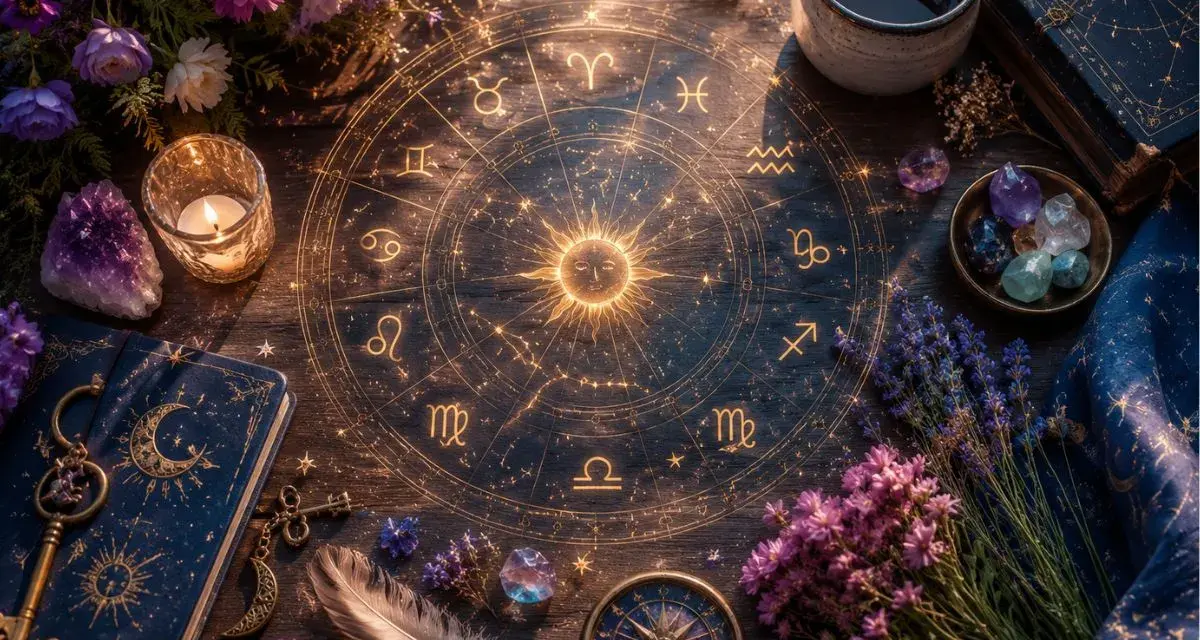 Magiczny krąg zodiaku, świeca, kryształy i kwiaty. Idealne do wróżby tarot tygodniowy rak.