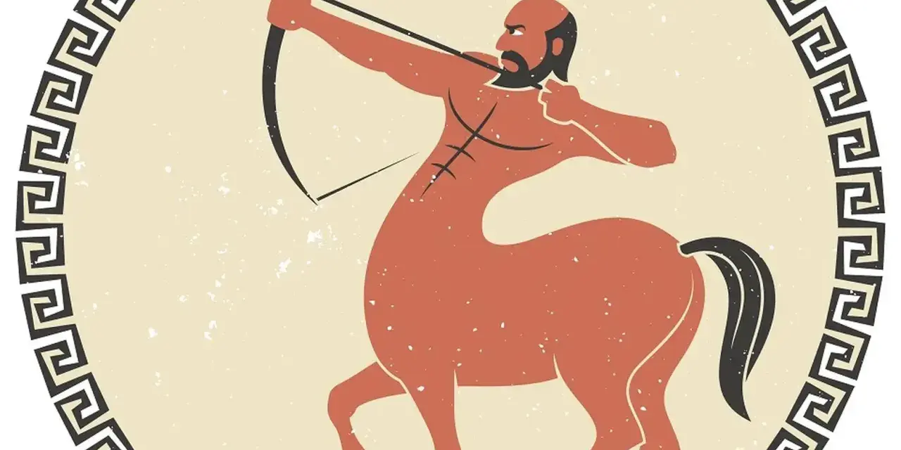Centaur z łukiem, czy strzelec jest zazdrosny o cel? Stylizowana ilustracja w greckim stylu.