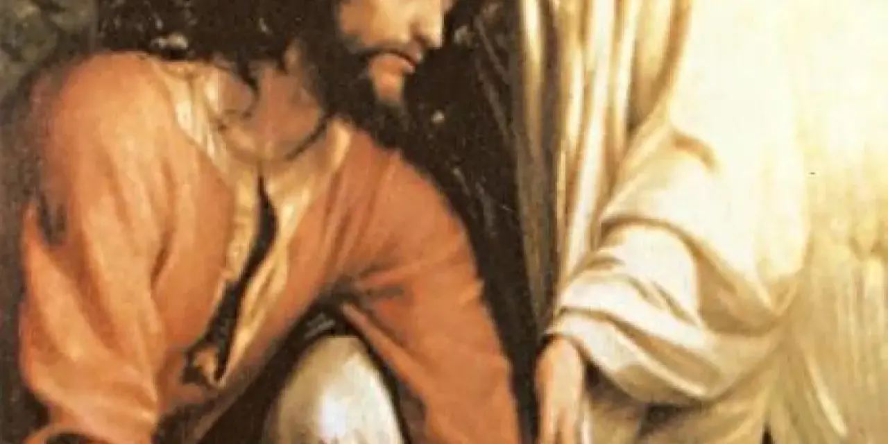 Jezus klęczy w Ogrodzie Oliwnym, pogrążony w modlitwie. Obok niego anioł podtrzymuje go.