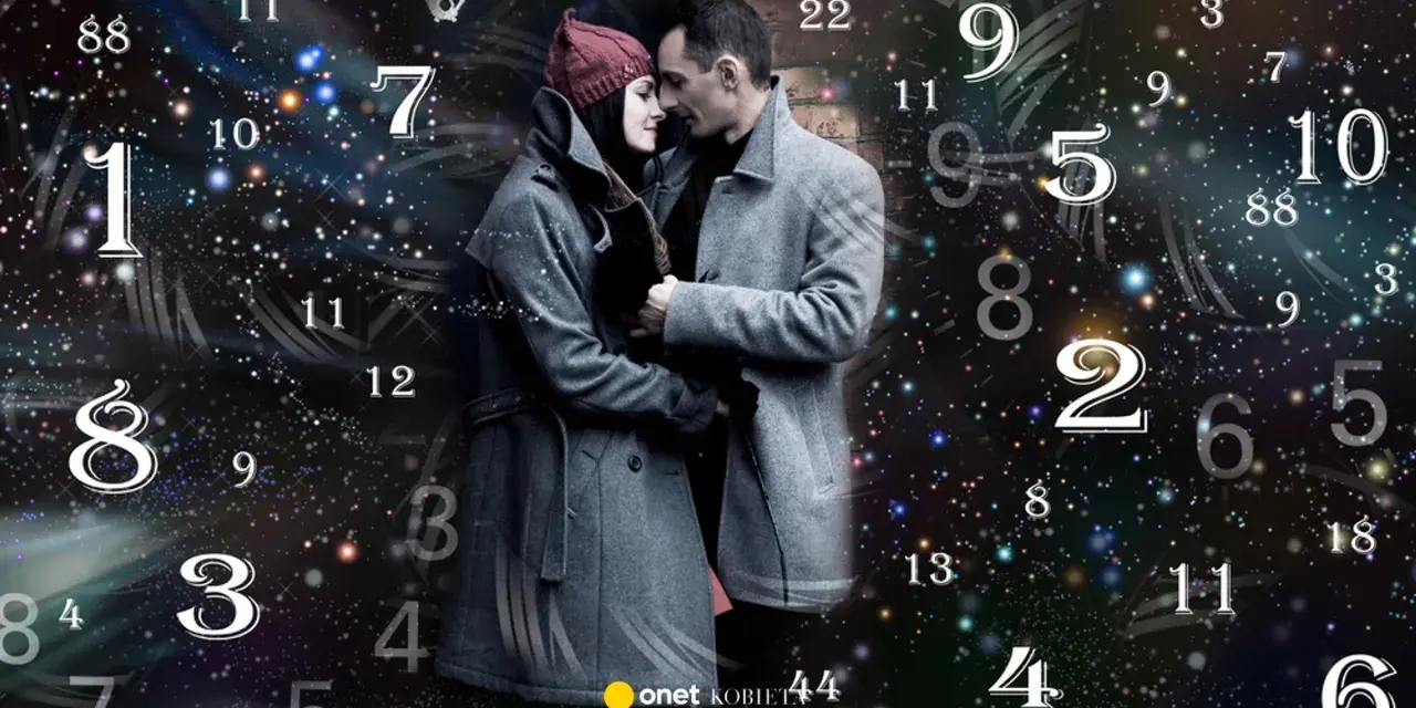 Para numerologiczna 6 i 8 – para zakochanych w objęciach na tle kosmicznego nieba z liczbami.