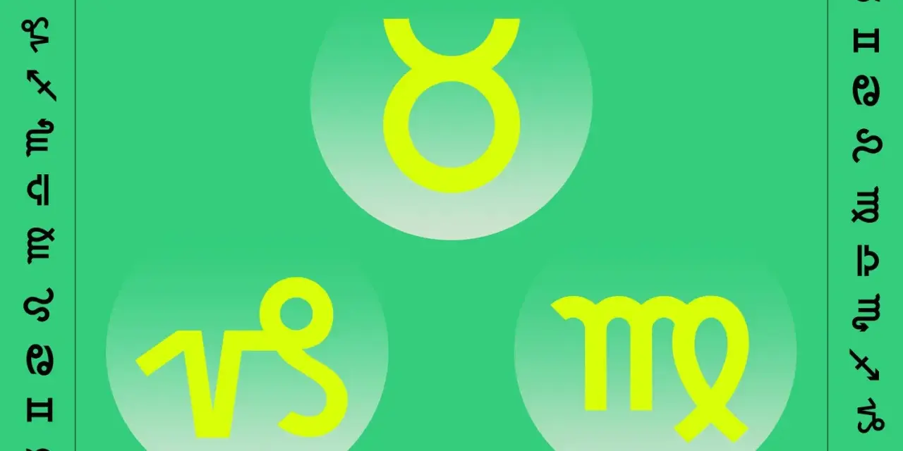 Trzy znaki ziemi: Byk, Panna i Koziorożec, otoczone symbolami zodiaku.