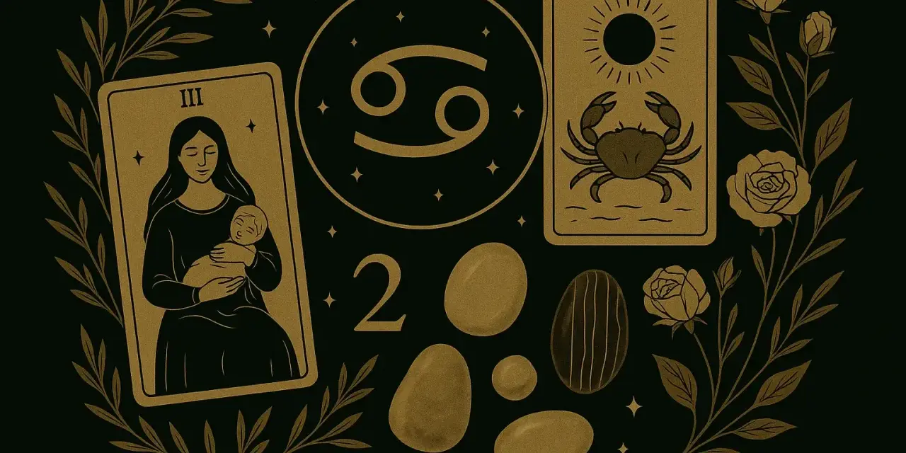 Znak rak od kiedy? Tajemnicza grafika z kartą Tarota, symbolem Raka i różami.