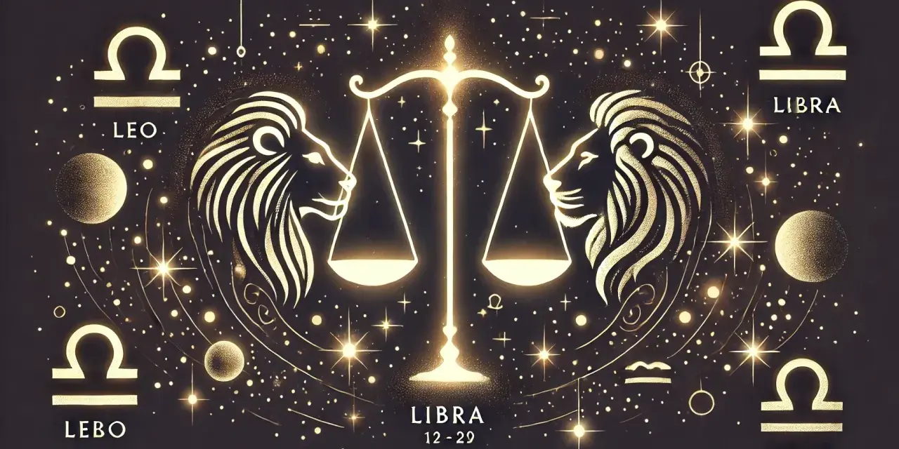 Zodiakalny lew i waga tworzą harmonijną całość. Symbolika gwiazd i planet podkreśla ich związek.