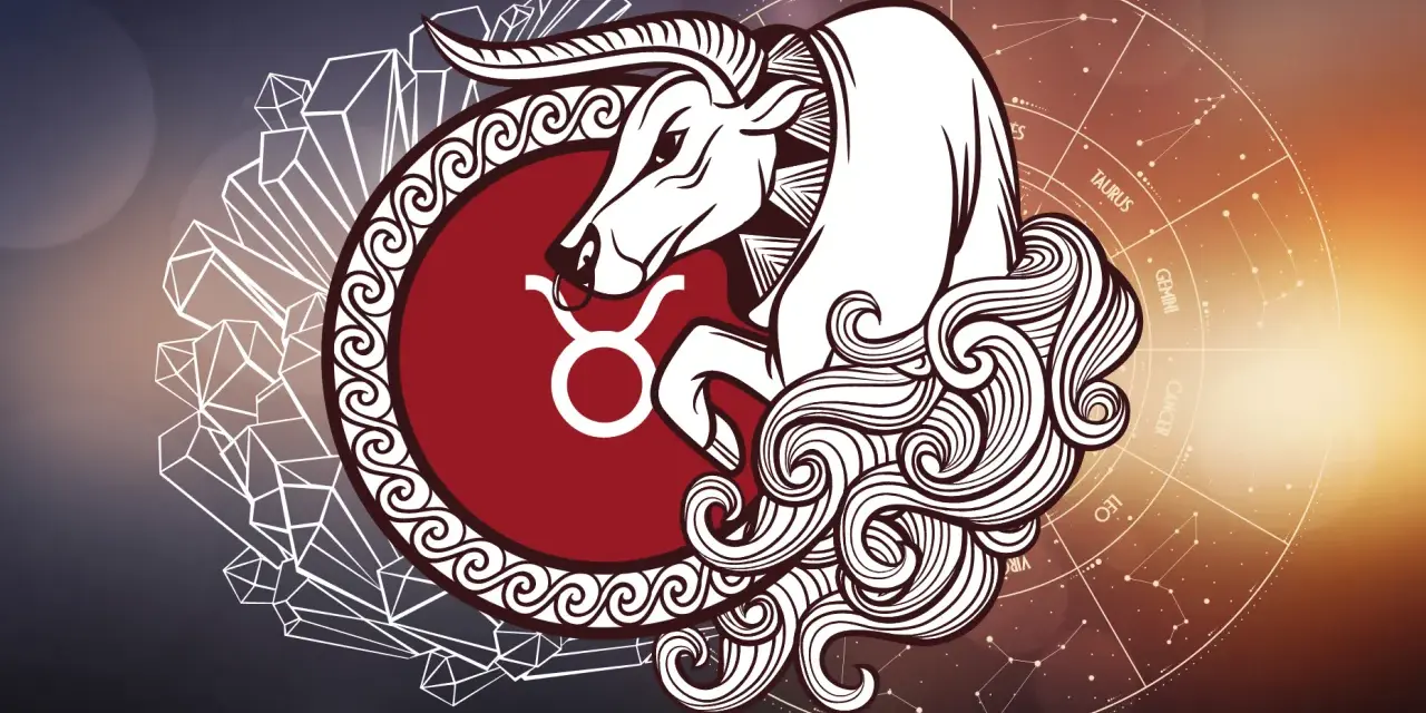 Symbol byka, symbolizujący najgorsze cechy byka, otoczony kryształami i kołem zodiaku.