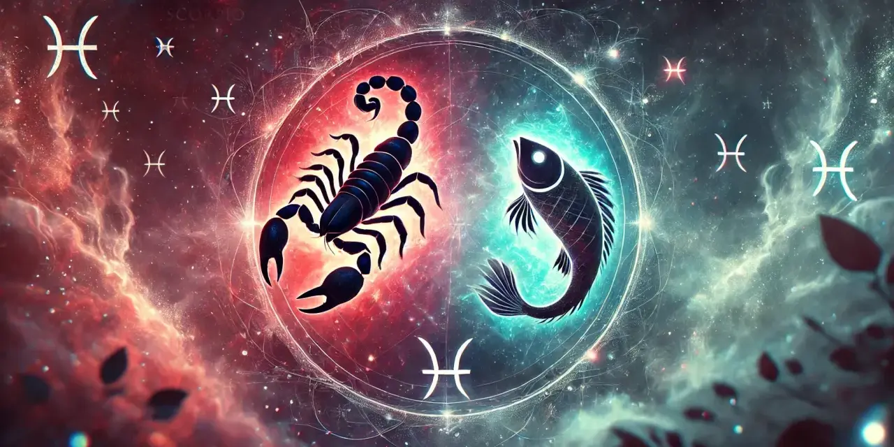 Skorpion i ryby w kosmicznym wirze. Symbolika znaków zodiaku na tle mgławic.