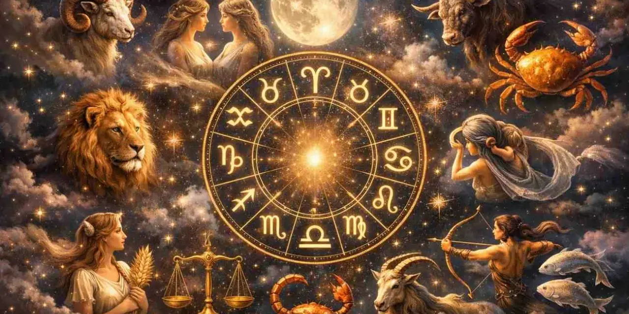 Znak zodiaku Waga od 23 września do 22 października. Gwiazdy i symbole zodiaku na nocnym niebie.