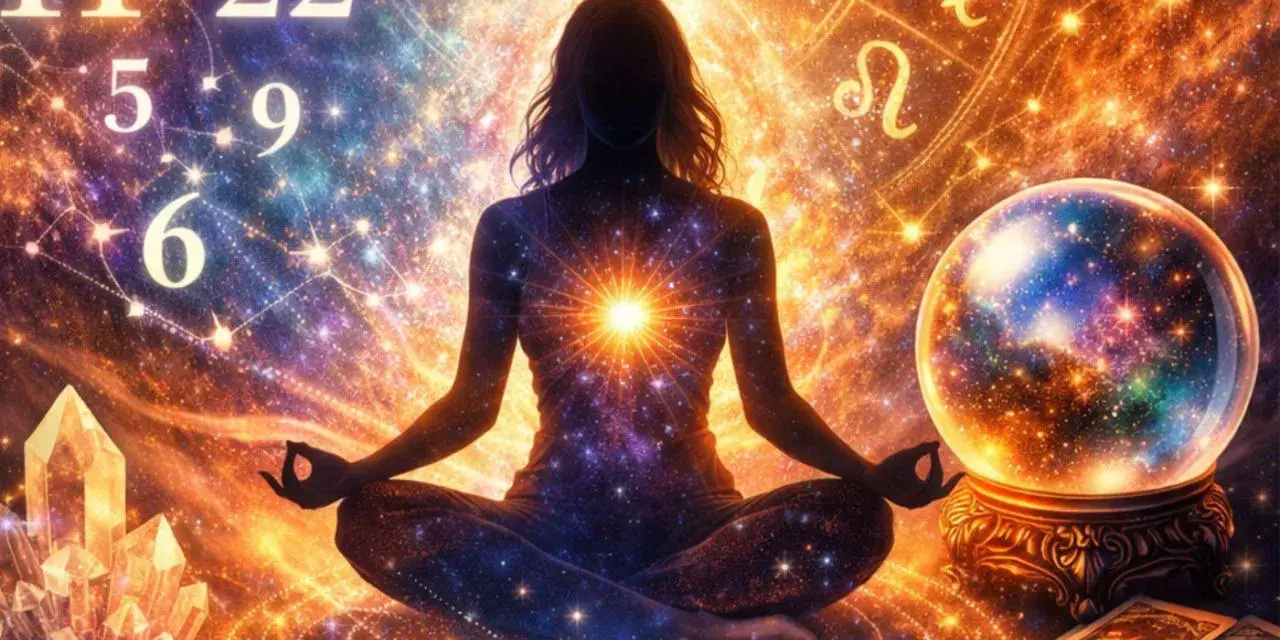 Kobieta w pozie medytacyjnej, otoczona kosmiczną energią, kryształami i tarota. W tle liczby i znaki zodiaku, symbolizujące rok numerologiczny 2.