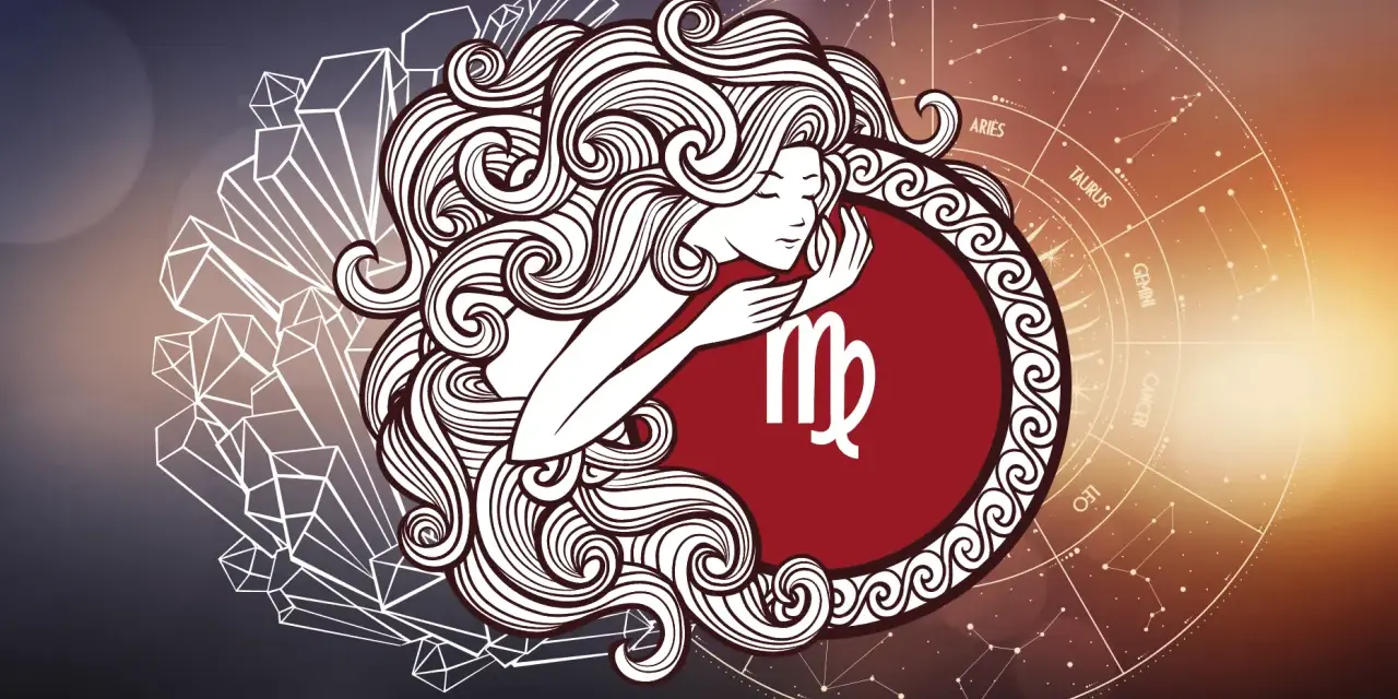 Znak zodiaku Panna, symbol dziewicy, otoczony kryształami i kołem zodiaku, tuż po znaku zodiaku po Lwie.