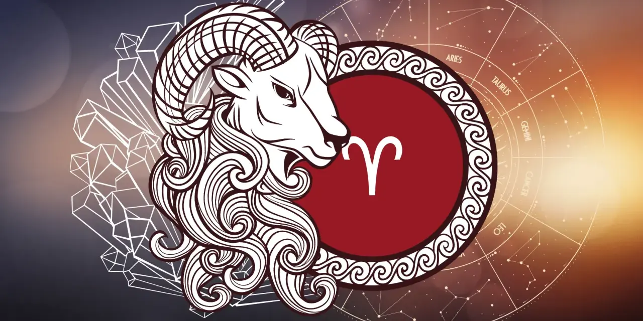 Baran jaki żywioł – symbol zodiaku z ozdobną grzywą i rogami, otoczony kryształami i kołem zodiaku.